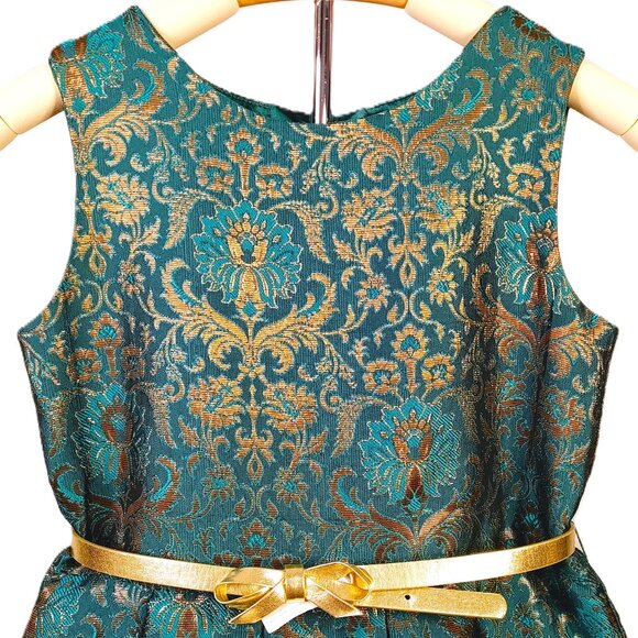 Floral Jacquard Holiday Dress in Green Girls 10 - Picture 4 of 16